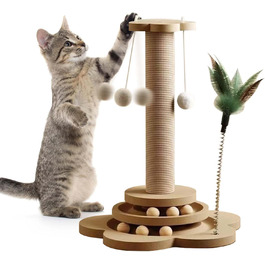 GOMETY Іграшка для котів 4-в-1 з дерева: ролики, обертовий диск, дряпка з сизалю, м'ячики з котячою м'ятою, 40 см