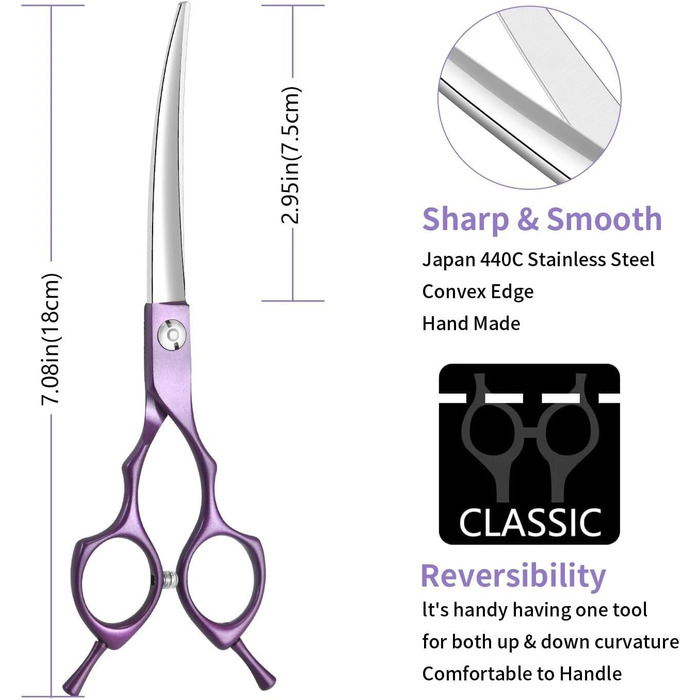 Ножиці для собак 7 дюймів, вигнуті - професійні ножиці для грумінгу собак, котів та інших тварин з ергономічною ручкою та регульованим гвинтом