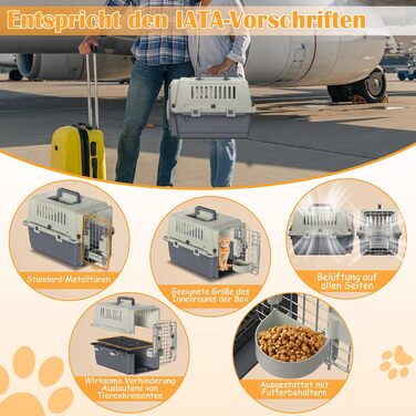 Транспортна коробка для котів NAIZY 60x39,5x44 см з металевими дверцятами, вентиляційними вікнами, ручкою, підходить для подорожей, авіаперевезень, витримує до 9 кг, у комплекті пелюшки та миски