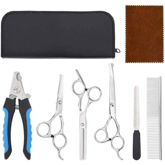 Набір професійних ножиць для собак з витончувальними ножицями, кусачками для нігтів та гребінцем - для всіх пухнастих домашніх тварин, сріблястого кольору, 15,5 x 5,5 см