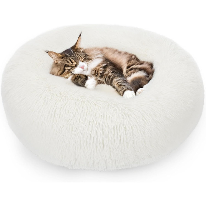Ліжко для собак і котів ALLSOPETS, м'яке плюшеве, кругле, антистрес, зі знімним чохлом, несковзка основа, біле, 60 см – для малих і середніх порід