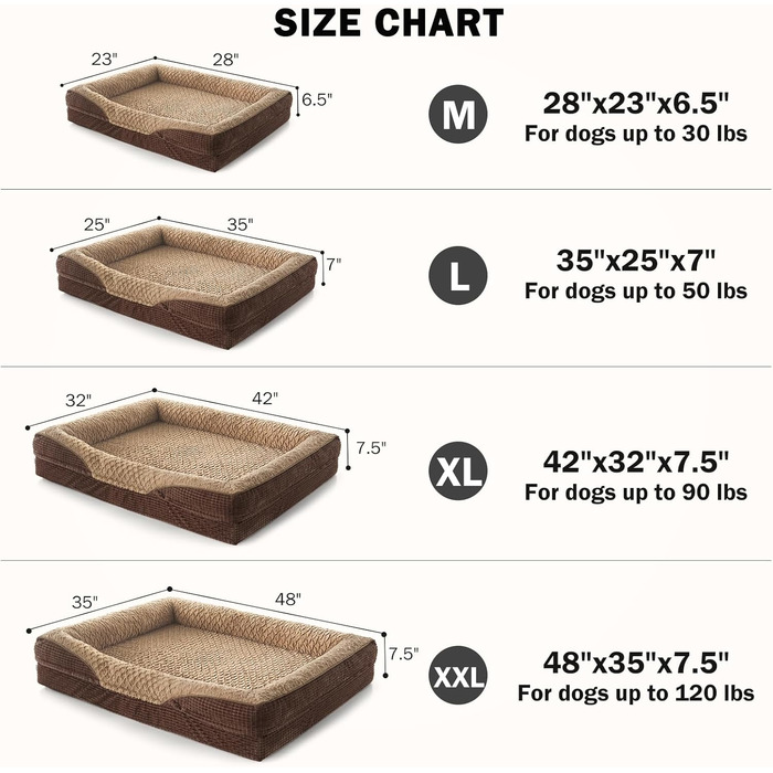 Ортопедичне ліжко для собак великих порід від INVENHO, велике (35'x 25'x 7'), коричневе, з пам'яті ефекту, водонепроникне, знімний, миючий чохол