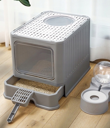 Закритий лоток-туалет для котів, сірий, з ручкою та висувною шухлядою, 50 x 40 x 38 см