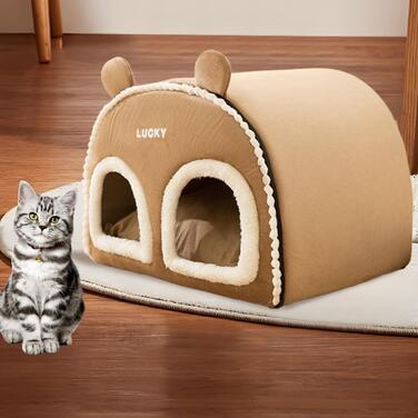 Закритий будинок-печера для котів: теплий та багатофункціональний лежак, коричневий