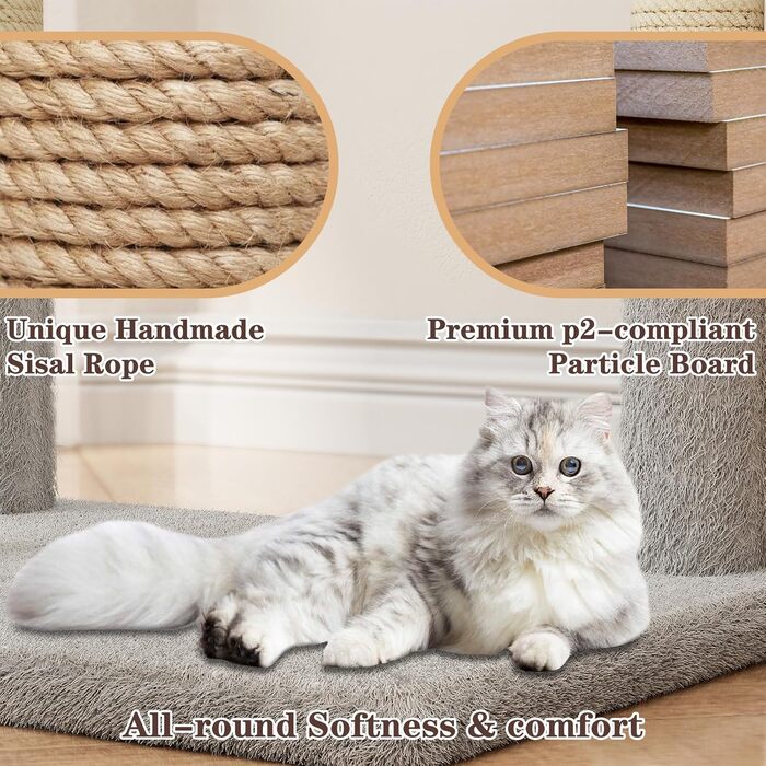 Дерев'яний кігтеточки для котів, кігтеточка-вежа, ігровий комплекс для кошенят, сірий колір, висота 98.5 см