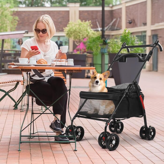 Транспортувальна візок для собак, легкий та складаний, з регульованим козирком, анти-вислизання, гальма та багажник (до 10 кг), чорний
