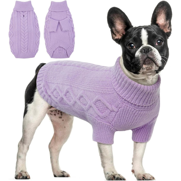 Пуловер для собак - простий та елегантний, теплий, з отвором для повідка, для середніх собак, Французький бульдог (Lila M) M(Обхват грудей 44см, довжина спини 34см), фіолетовий
