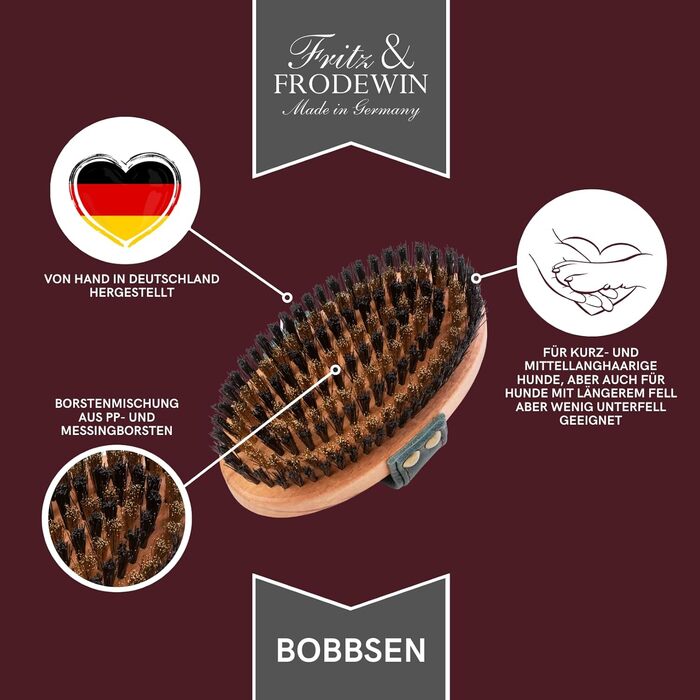 Щітка для собак Fritz & Frodewin Bobbsen для короткої та середньої шерсті | Масажна щітка з FSC-дерева | Шкіряний ремінь | Виготовлено в Німеччині