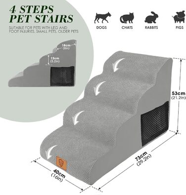 Сходинка для собак Thihome: 4 сходинки з піни, водонепроникний чохол, для маленьких собак та котів, під софу та ліжко