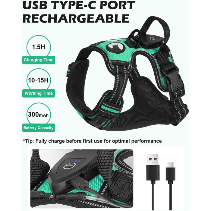 Світловідбиваючий нашийник для собак Joytale з LED, для середніх собак, без натягування, з ручкою, регульований, для нічних прогулянок, зелений, розмір M (1 шт.)