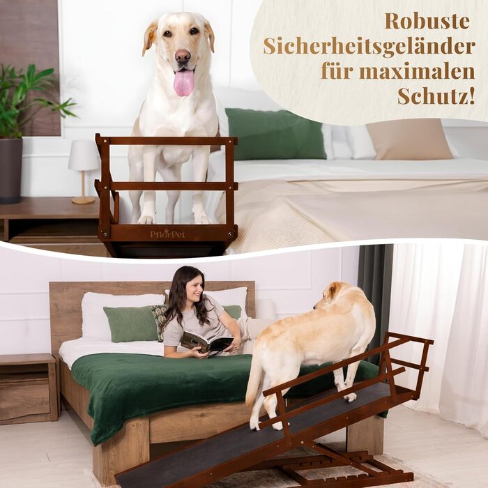 Східці для собак до ліжка з поручнями - для великих собак до 90 кг - регульована висота до 94.5 см - ширина 49,5 см - складані - антиковзні ручки - береза - натуральний колір (волоський горіх)