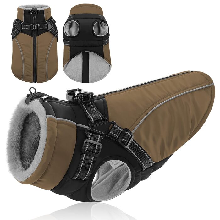 Водонепроникний зимовий одяг для собак з підкладкою з флісу, світловідбивачі, легкий утеплювач, розмір M, обхват грудей 53 см, коричневий