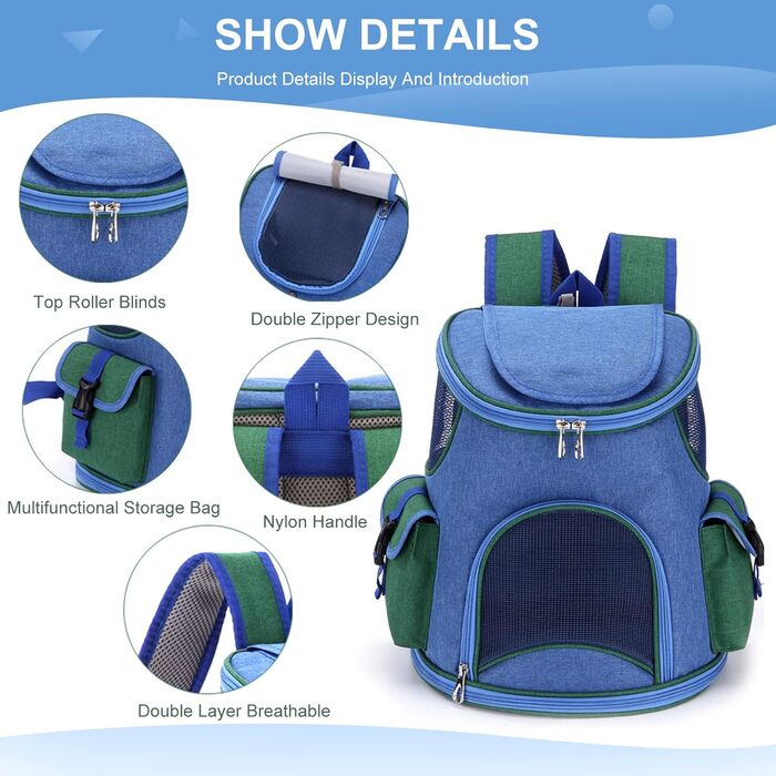 PETCUTE Рюкзак-переноска для собак і котів, дихаючий, знімний килимок, безпечна повідка, для подорожей, походів, кемпінгу, до 6 кг, блакитний + рожевий