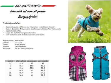 Зимова куртка CHIARA для собак, модель MAX, розмір M, матеріал: 100% поліестер, з флісовою підкладкою, зручна у надяганні, регульована довжина, можна прати в пральній машині, колір: бірюзовий