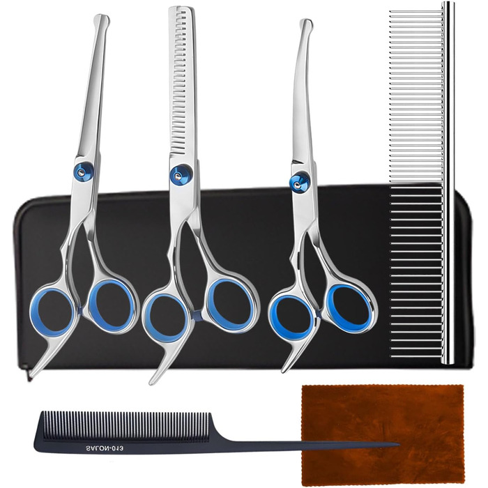 Набір професійних ножиць для собак 7 в 1 з нержавіючої сталі, з безпечними закругленими кінчиками. Включає ножиці для вирівнювання, вигнуті та прямі ножиці, гребінець для грумінгу. Підходить для собак, котів та інших тварин