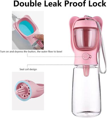 ДомКім портативна пляшка для води та корму для собак, 550 мл, рожева - для прогулянок, подорожей, цуценят
