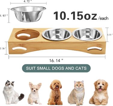 Набір мисок для котів та собак 3 шт. з підставкою з бамбука, підняті миски, нержавіюча сталь
