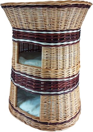 Плетене котяче ліжко з лози, 3-ярусне, з подушкою бежевого кольору