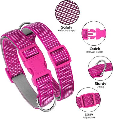 Світловідбиваючий нашийник для собак Didog з пряжкою, регульований, м'який неопрен, з підкладкою, нейлон, для малих, середніх та великих собак, L (M: Neck 25-43cm, Рожевий)