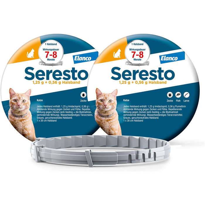 Seresto нашийник від бліх та кліщів для котів: 7-8 місяців захисту, 36 см, 1.25 г + 0.56 г, 2 шт. в упаковці