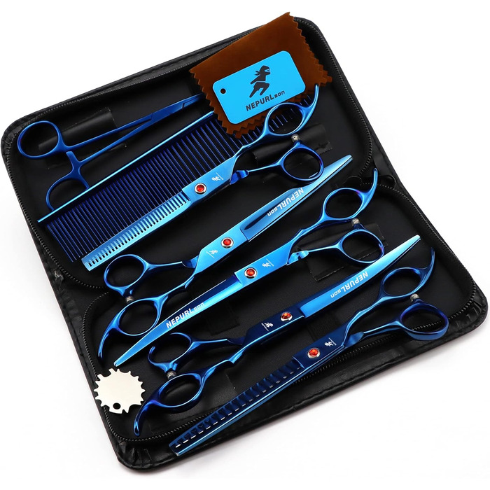 Професійна вистригуюча ножиця для тварин NEPURL, 17.8 см, сталь, блакитний комплект (з ножицями 12.7 см)
