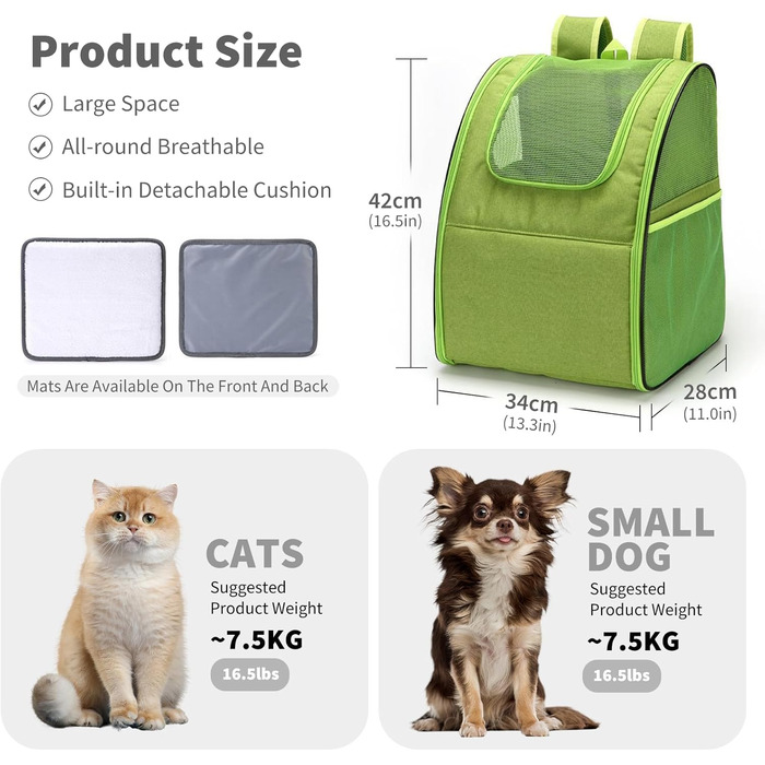 Рюкзак-переноска для кота/собаки PETCUTE: зручна та легка переноска для маленьких тварин. Зелений колір. Знімний килимок з флісу для прогулянок на природі.