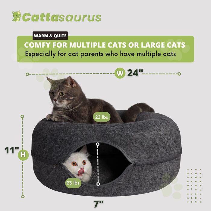 Котяча печера CATTASAURUS Peekaboo темно-сіра для великих і кількох котів до 13,6 кг, тунель-будиночок для домашніх котів, велике кругле ліжко-донат, пране