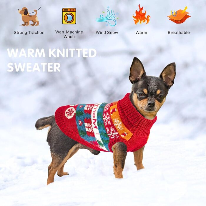 Теплий зимовий пуловер для собак з новорічним дизайном. Ідеальний для маленьких та середніх собак, чихуахуа. Зручний, з флісу, для святкування Різдва.