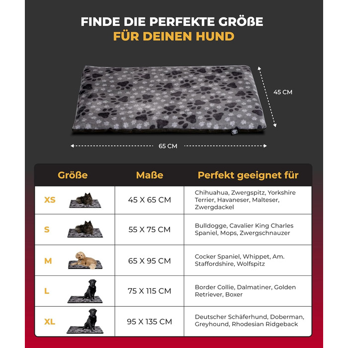 Килимок для собак HS-Hundebett® XS (45x65 см) – неслизький та затишний з наповнювачем 3 см – ідеально для дивану, авто та переноски – лапка сірого кольору, Made in DE 45 x 65 см, лапка сірого кольору