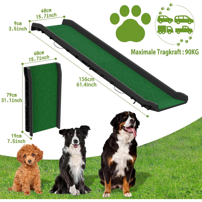 Рампа для собак у багажник авто, складана, 156x40 см, пластик, протиковзка, до 90 кг, зелена