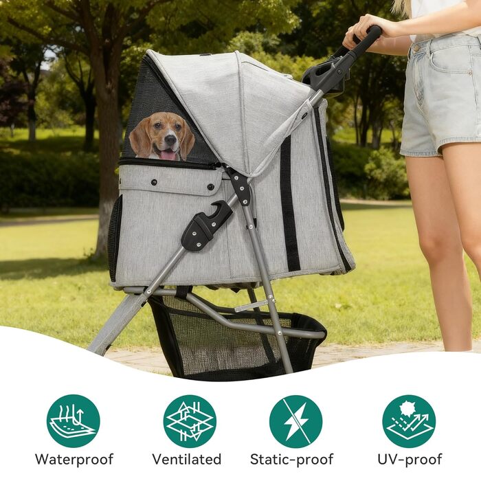 Візок для собак та котів YITAHOME 15 кг, 3 колеса, сітчасте вікно, гальма, міцний, сірий