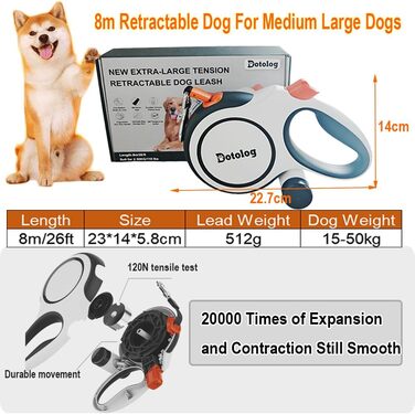 Еластична повідка для собак Dotolog, висувна, до 8 м, для собак середніх та великих порід (до 50 кг), чорна