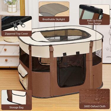 Складана огорожа для собак, вольєр для цуценят, переносний вольєр для тварин, вольєр для цуценят для дому, складаний вольєр для кошенят, собак, кроликів, L (Сірий) (Коричневий, 110 * 85 * 58 см)