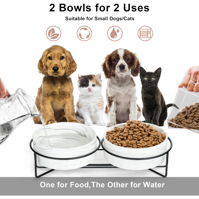 Набір мисок для собак та котів Fanquare з кераміки, сірий мармур, чорний металевий каркас, 400 мл