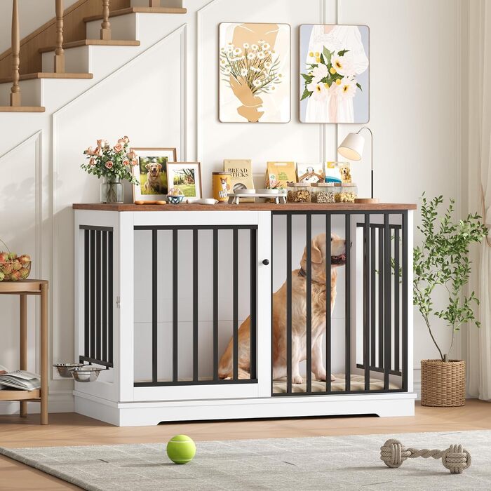 Клітка для собак FirFurd 120см: металева та дерев'яна, XXL, для дому, 120 x 90 x 60 см, коричнево-біла