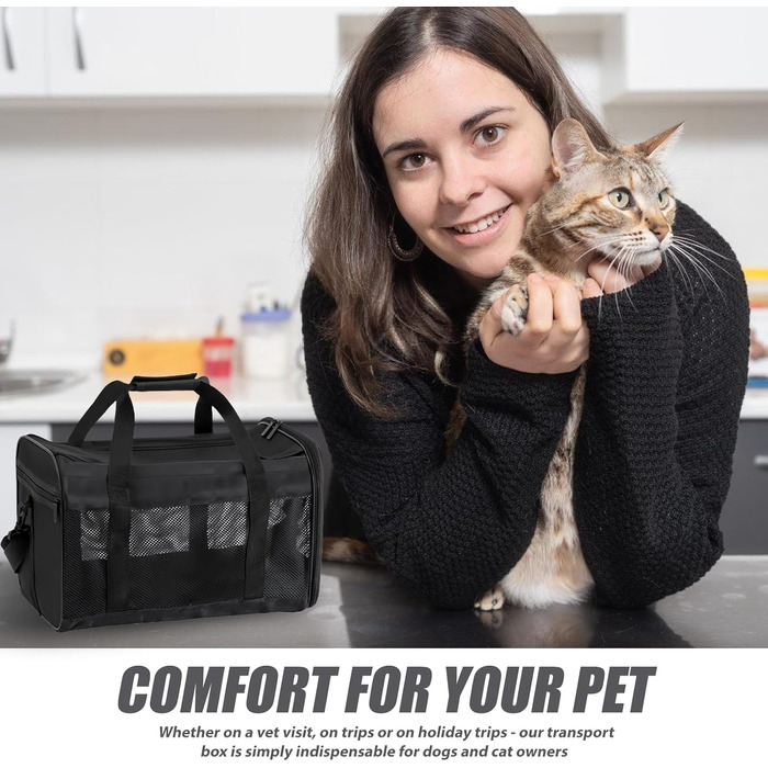 Транспортна переноска для котів та собак, 42x27x28 см, чорна: складана, з мискою для їжі