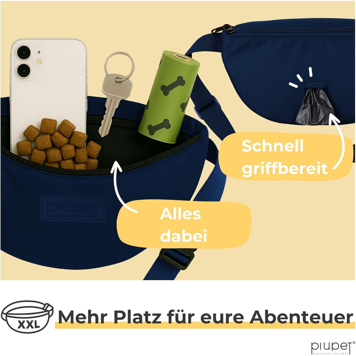 PiuPet® Сумка для ласощів для собак | Стильна та водонепроникна сумка для прогулянок з 3 відділеннями на блискавці | 2-в-1 сумка на живіт та через плече для дресирування собак | Знімний внутрішній кишеньковий органайзер (Блакитна)