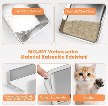 Лоток для котів із нержавіючої сталі MIXJOY XL, великий відкритий туалет для котів на 28 л з високими бортиками та совком, сріблястий (44x34x21 см)