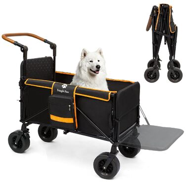 Візок для собак Snagle Paw з заднім люком та рампою, великий, складний, для великих та середніх собак, з регульованою ручкою та стоянковим гальмом, 4 колеса для прогулянок, джоггінгу, подорожей, до 90 кг, чорний/помаранчевий