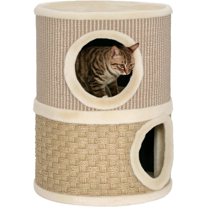 Котячий будиночок PawHut з когтеточкою, 79 см, 3 яруси, когтеточка з сизалевого мотузка, плюшеве гніздо, для великих котів, бежевий+коричневий