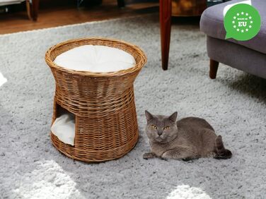 Котячий будиночок з лози для сну, двоповерхове ліжко для котів і собак, круглий 47 см, з подушкою, натуральний колір