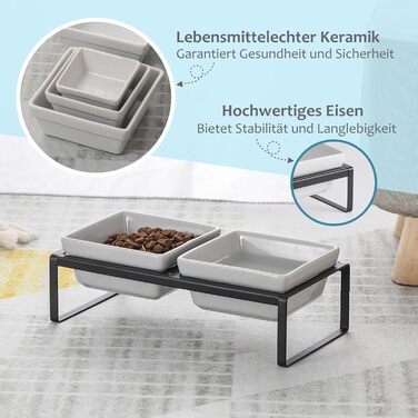 Підвищена годівниця для котів та собак сірого кольору, з підставкою, з подвійної кераміки, 2 x 280 мл