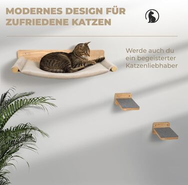 WOOWOOD® Стіна для котів із масиву дерева з 2 сходами, гамаком і когтеточкою – настінний комплекс для котів, меблі для лазіння, кріплення на стіну