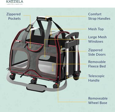 Katziela переноска для домашніх тварин, авіаційна, TSA, для малих собак і котів, м'яка, чорна/червона