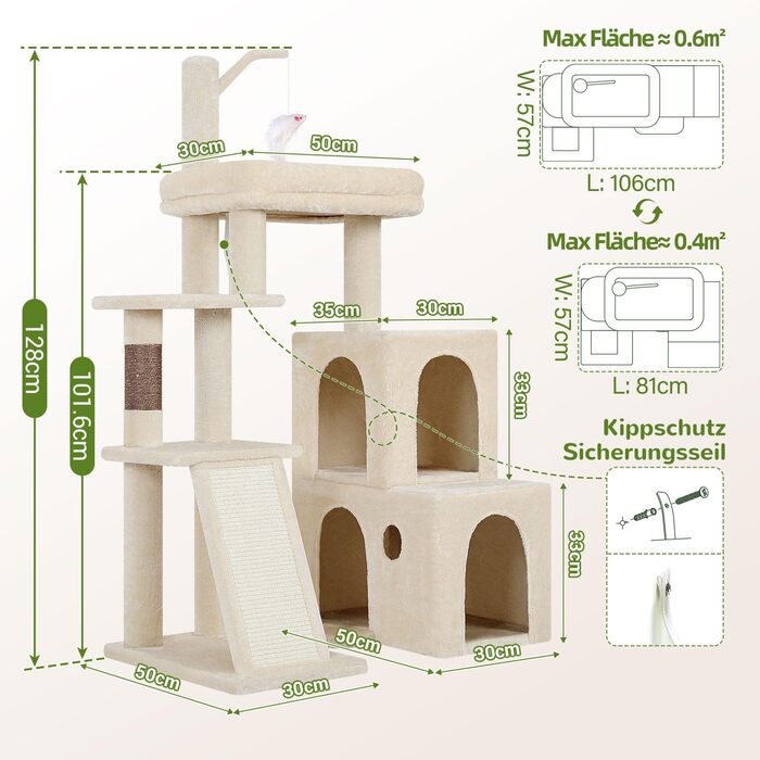 Драбина-кіготь Globlazer для котів XL, бежева, з 2 будиночками, платформа, іграшки, для великих котів та сениорів