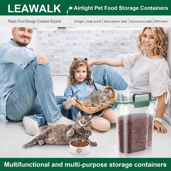 Контейнер для корму для собак, велика воронка, BPA-free, 1.4-2.3 кг, пластиковий контейнер для кормів, 4 герметичні закриття, 1 мірний стакан та ручка, авокадо-зелений (3 л + 5 л)