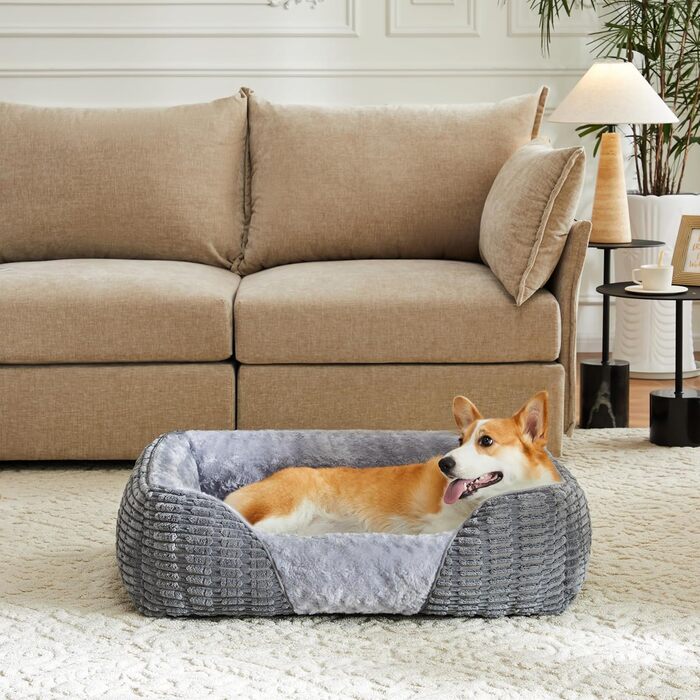 Велике собаче ліжко з неслизьким дном, зручний кошик з корду, софа для собак, з піднятим бортиком, для лабрадорів та німецьких вівчарок, 89x64x23 см (64 x 53 x 20 см, сірий)