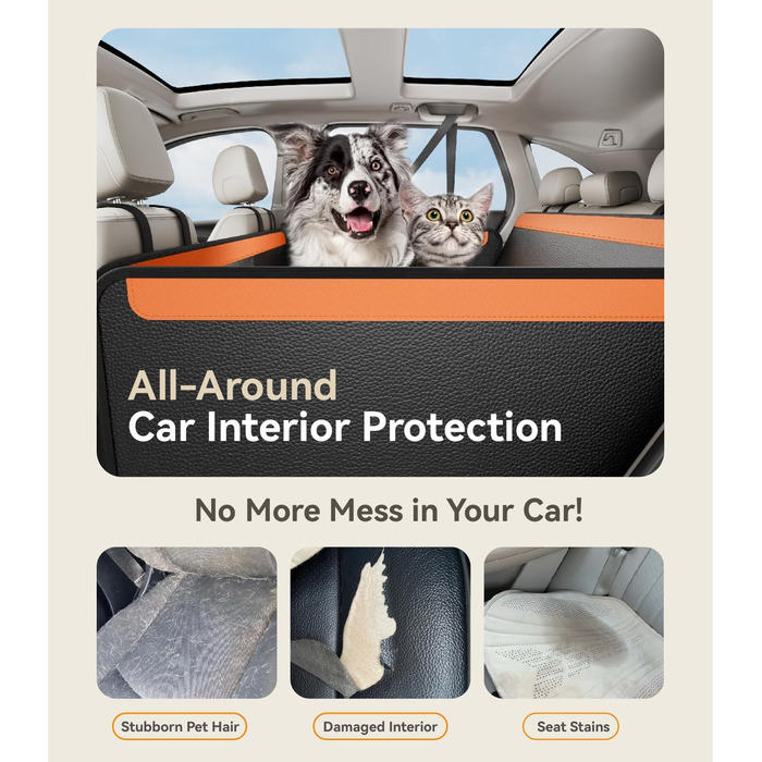Подовжувач для заднього сидіння автомобіля для собак, преміум PU-шкіра, захисний чохол для сидіння з жорсткою основою, витримує 180 кг, водовідштовхувальний, універсальний, оранжево-чорний
