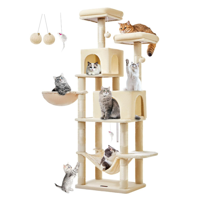 Декількаповерховий комплекс для котів Taoqimiao 170 см з будиночками, гамаком, корзиною та 8 стовпчиками для дряпання, MS013M, бежевий