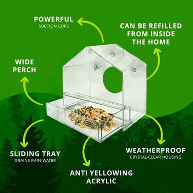 Годівниця для птахів на вікно Nature Gear — вологостійка та захищена від білок, модель-будиночок, з системою відведення води